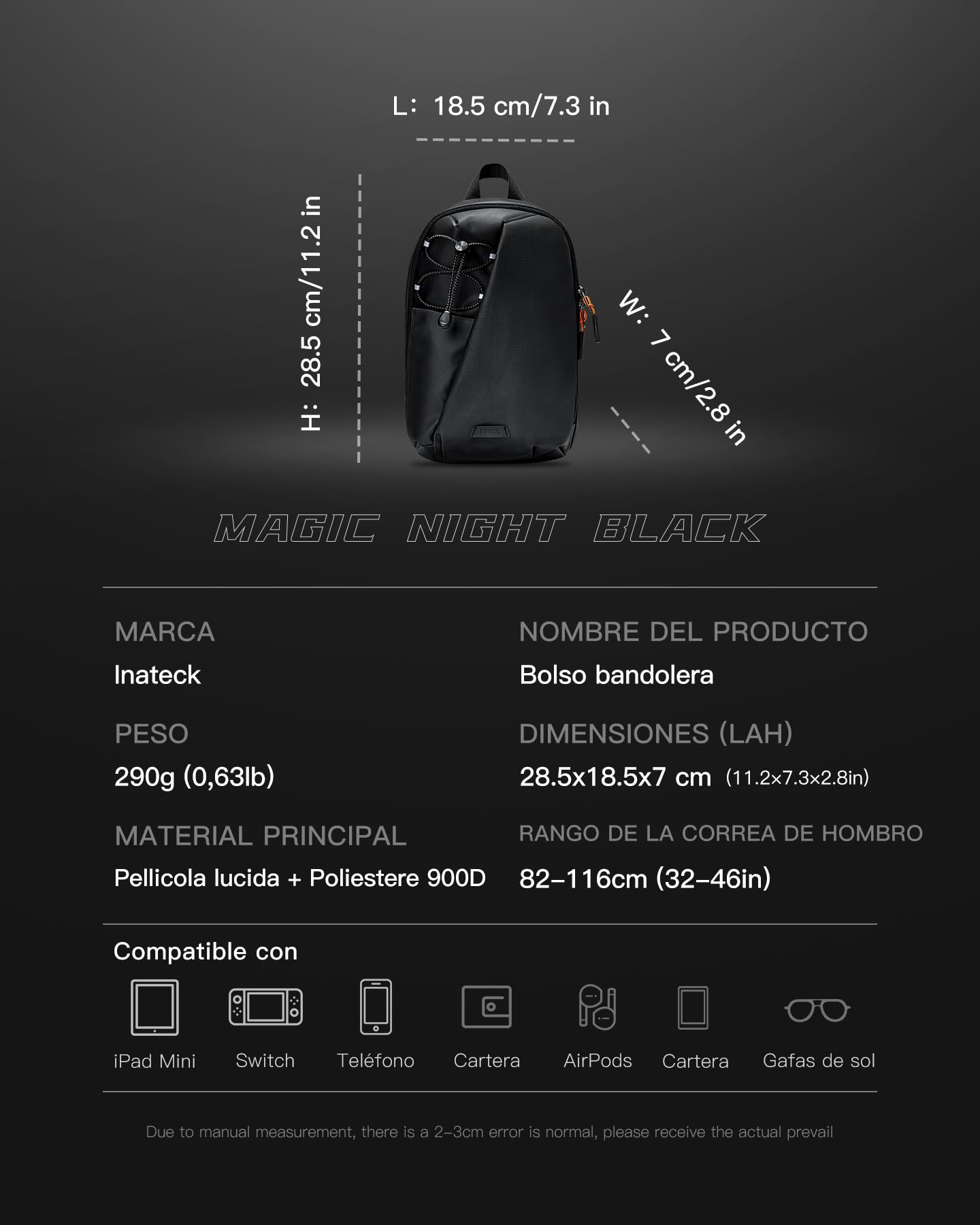 Inateck Sling Bag X-Row con Bloqueo RFID, Bandolera Ligera para Hombres y Mujeres, Resistente a Salpicaduras, para Senderismo, Viajes, Paseos