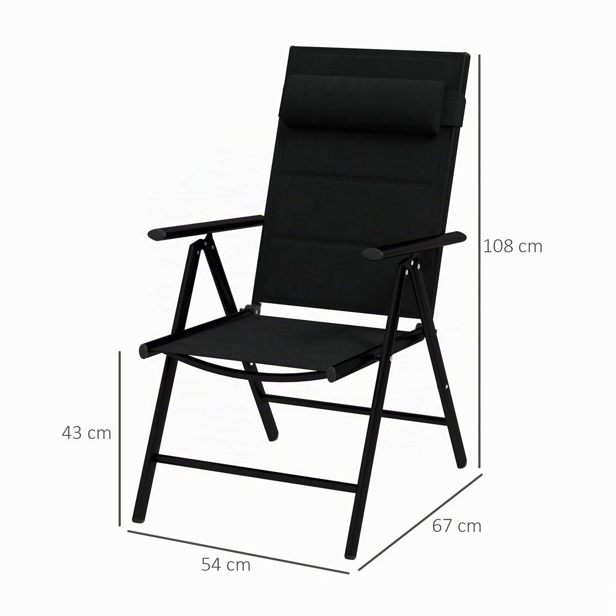 Outsunny Set 2 Sedie Pieghevoli Schienale Reclinabile 54x67x108 cm Nero | Poggiatesta Imbottito, Sedie da Giardino, Alluminio, Tessuto a Rete e Poliestere