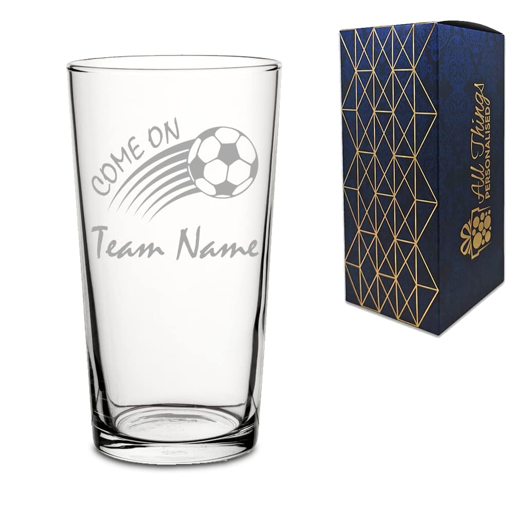 Personalised Engraved Football Perfect Pint Glass, Come On Curved Football Design with Gift Box, Personalise with Any Team Name