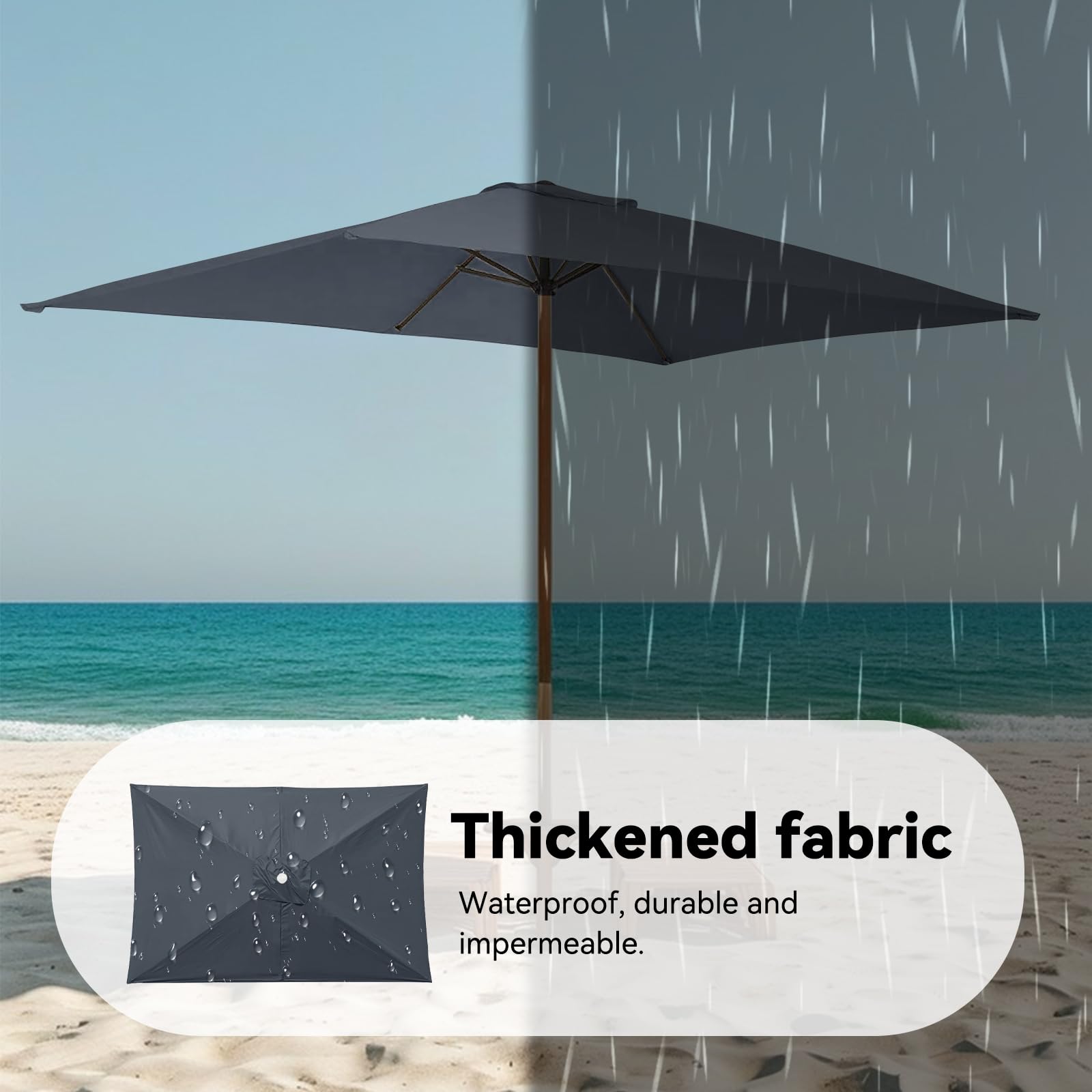 Sombrilla rectangular de repuesto, protección UV, con 6 puntales, para jardín, balcón, piscina, playa, 200 x 300 cm, gris