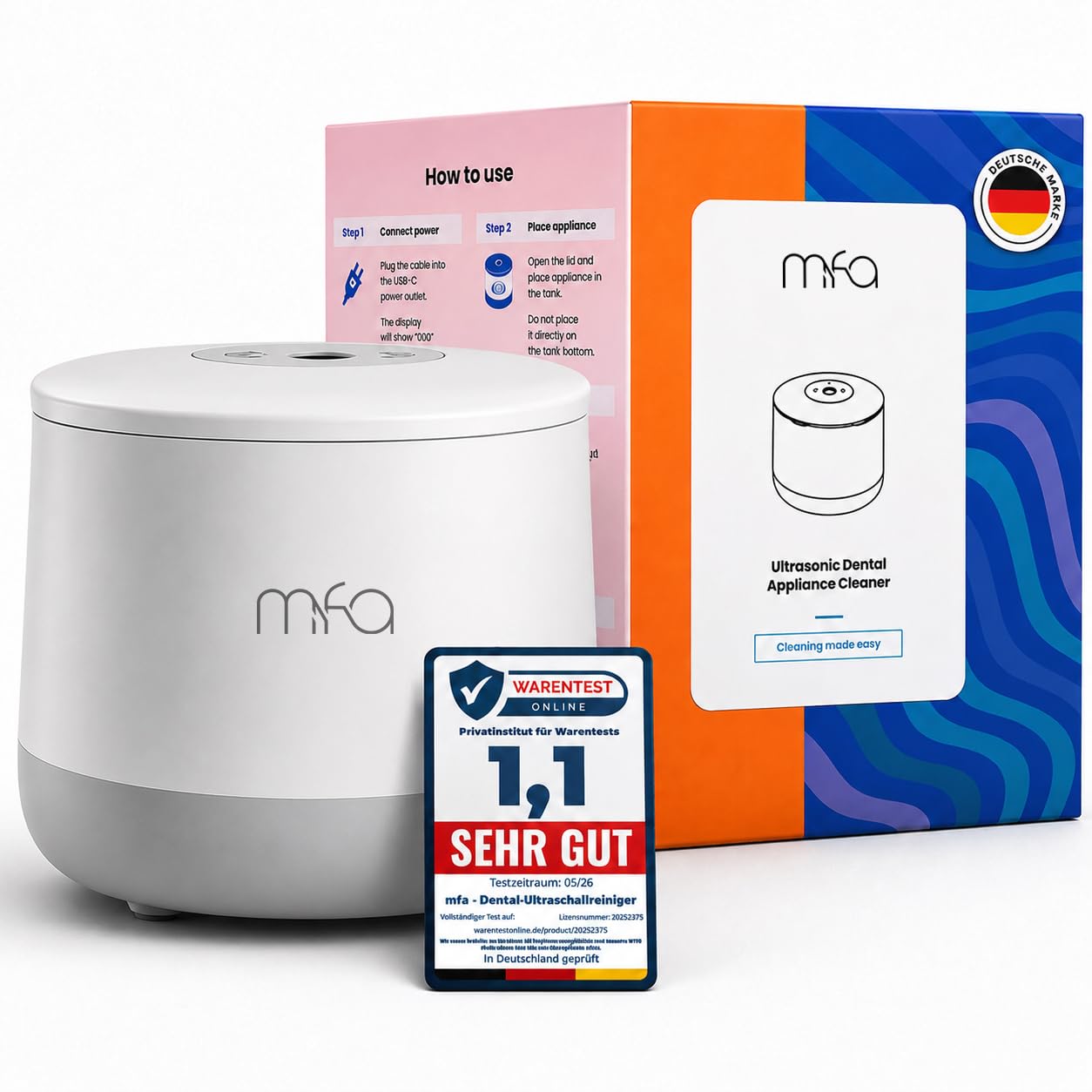 mfa Ultraschallreinigungsgerät für Zahnprothesen, Zahnspangen, Zahnschienen, Retainer, Aligner, Zahnersatz & Aufbissschienen | Ultraschallreiniger für zahnärztliche Geräte | Ultrasonic Dental Cleaner
