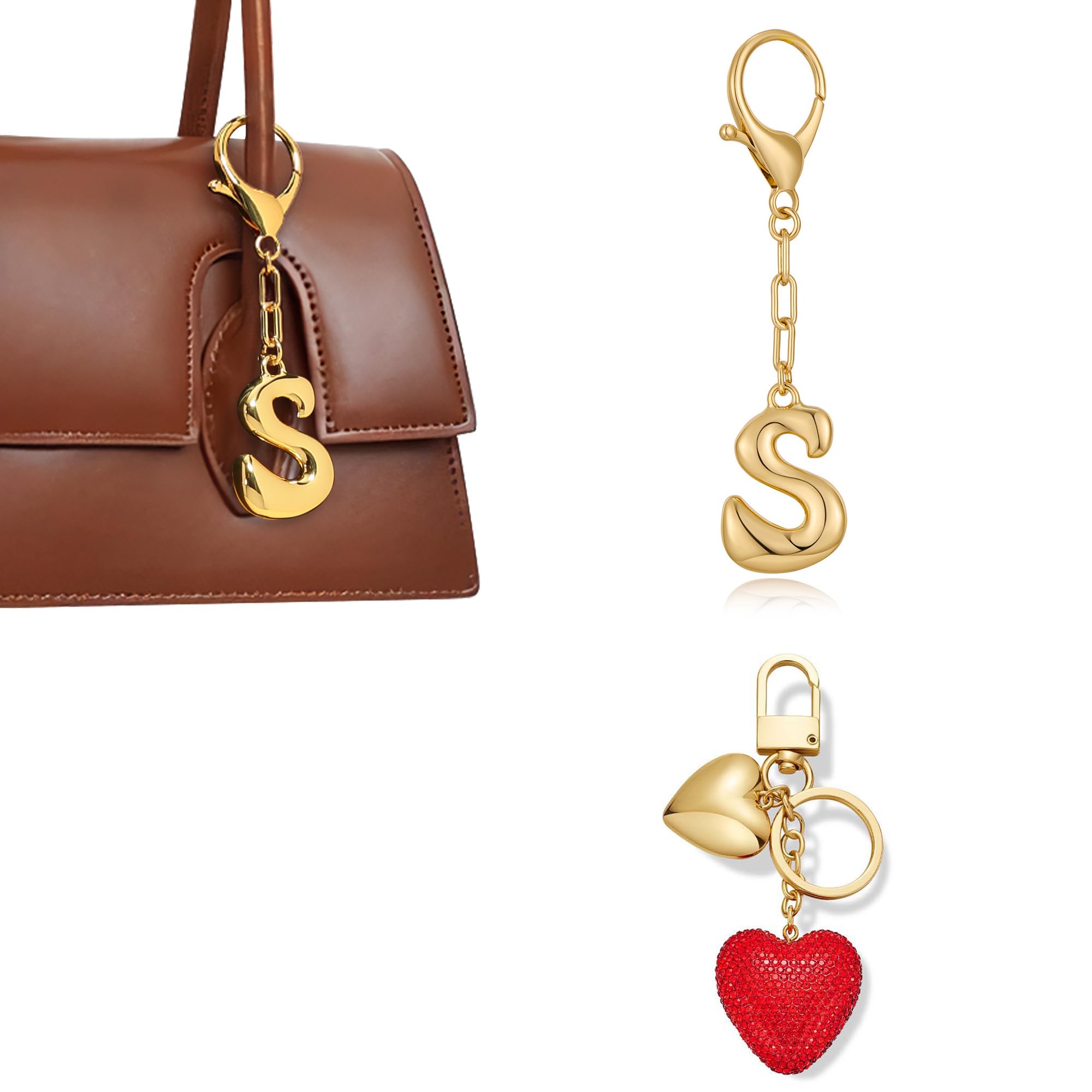 HolidayQbee Bag Charm Schlüsselanhänger Taschenanhänger mit Gold Buchstabe und Rotes Herz, Elegantes Taschen Charm, Accessoire für Tasche oder Schlüssel Geschenkidee für Damen