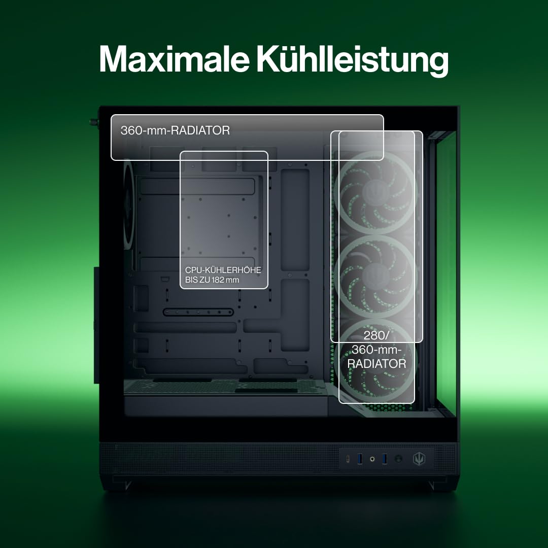 ENDORFY Fishtank 6000 Corona, PC-Gehäuse ATX E-ATX Gaming, Panorama-Design aus gehärtetem Glas, 4x120 mm ARGB PWM Lüfter, USB-C, 360 mm Kühlung, GPU bis 445 mm, modernes schwarzes Computergehäuse