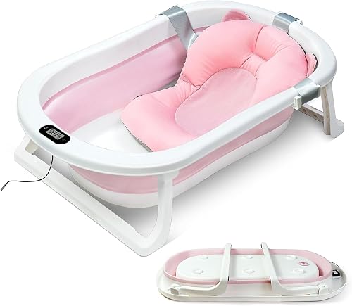 Sulfar Foldable Baby Bath Tub with Cushion and Thermometer, Portable Newborn Bathtub with Drain Hole and Non-Slip Legs, Collapsible Shower Basin for 0-6 Years, Pink