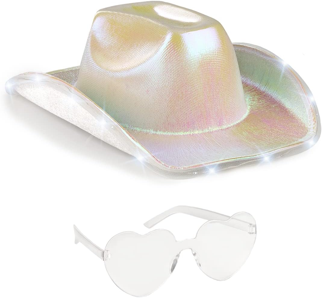 Funcredible Silver Light Up Cowboy Hat and Glasses - Holographic Led Cowgirl Hat - Space Cowgirl Outfit - Cowgirl Costume Accessories for Women