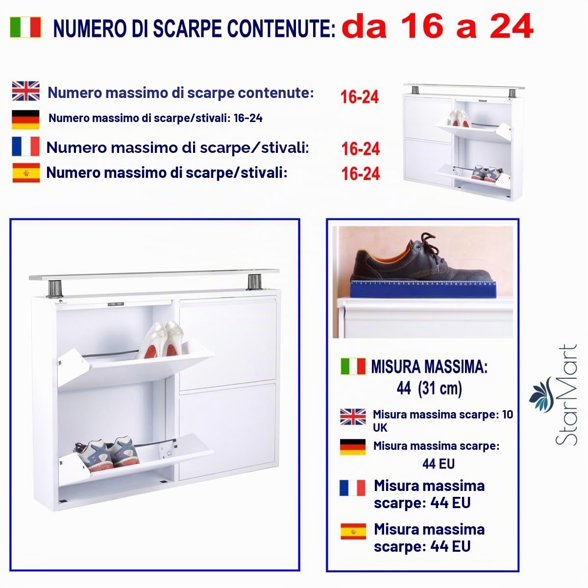 Nuova Scarpiera Slim a 4 ante in Orizzontale, BIANCA, con utile ripiano d’appoggio| Contiene da 8 a 12 PAIA di scarpe e stivali | in metallo interni/esterni