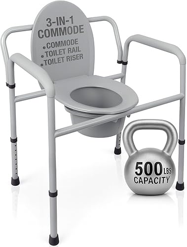 Vive Bariatric Bedside 3-in-1 Commode 500 lb Capacity - Portable Folding Toilet Chair - Adjustable Height, Extra Wide Seat - Bucket Splash Guard