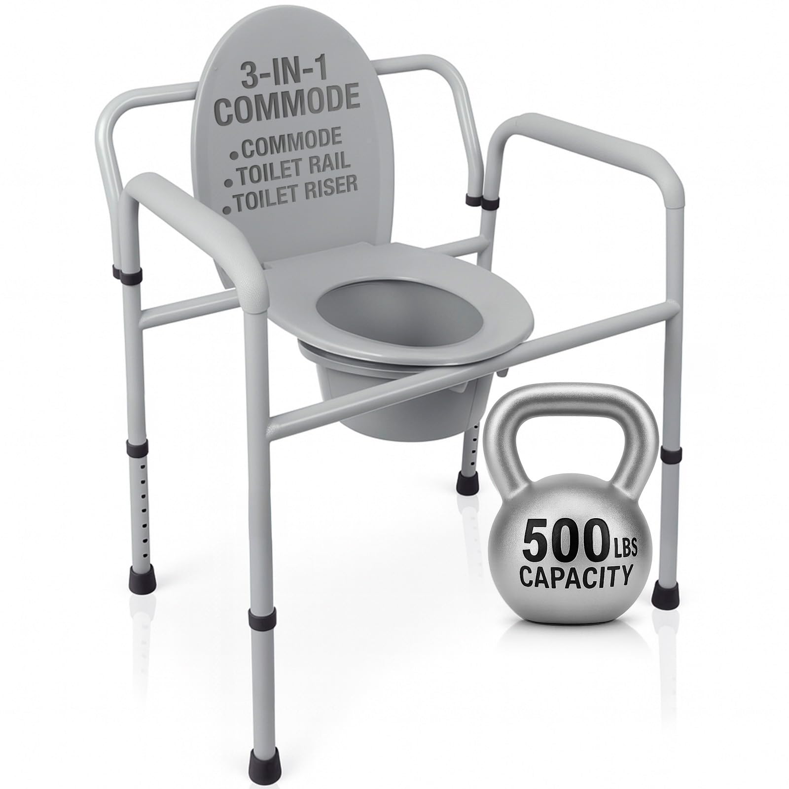 Vive Bariatric Bedside 3-in-1 Commode 500 lb Capacity - Portable Folding Toilet Chair - Adjustable Height, Extra Wide Seat - Bucket Splash Guard Heavy Duty Adult Bathroom, Pail Fits Standard Liner Bag
