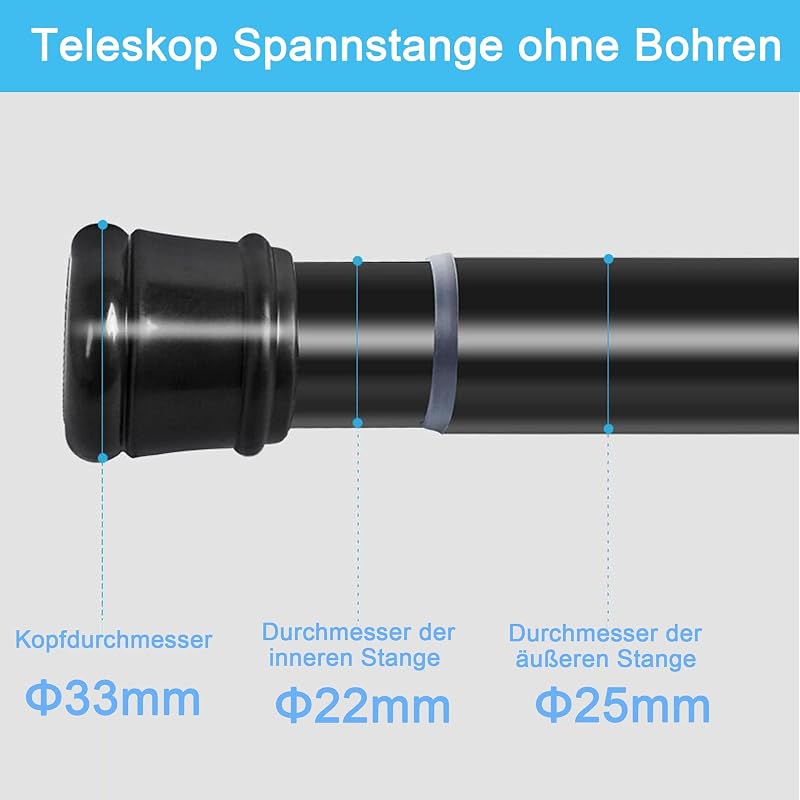 Aiitomg Teleszkópos Függönykarnis 190-360 cm, Fúrás Nélkül, Fekete - 190-360CM(1Stück), Black