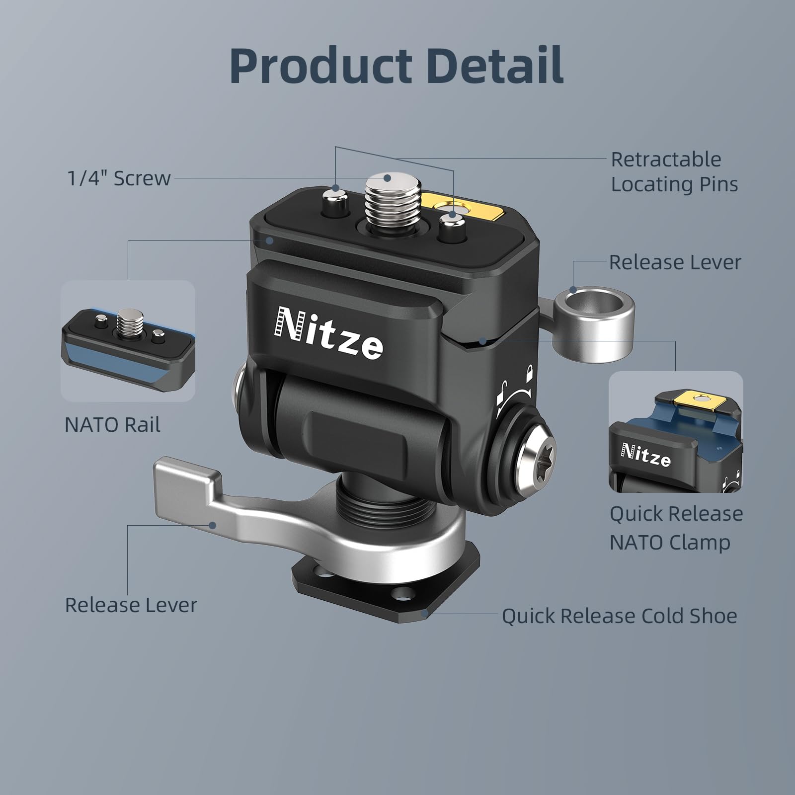 Nitze Quick Release Kamera Monitor Mount (NATO Rail mit 1/4"-Screw und Retractable Pins to Cold Shoe), Kameramonitorhalterung mit Verstellbarer NATO-Klemme, 180° Neigung und 360° Schwenkung - N54-S1