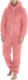 Mono de dormir para hombre, de forro polar, cálido, de una pieza, con capucha, para invierno, cálido, con cremallera, color liso