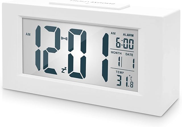 Dveda Digital Alarm Bedside Clock with Large LED Backlit Display, Temperature, Snooze Function, Brightness Sensor, 3 AAA OperatedBattery NOT Included,Whtie, White, Standard