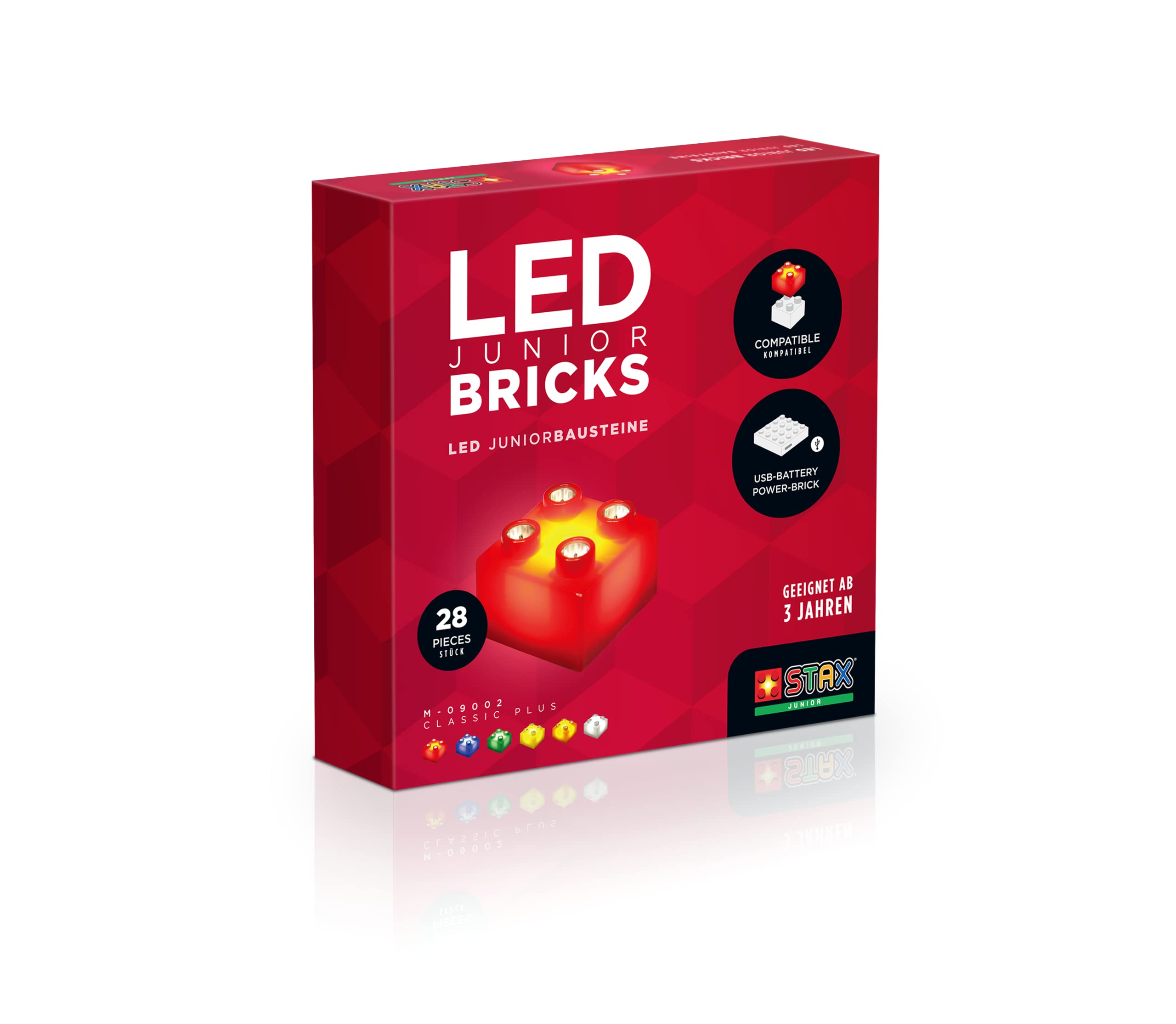 Light StaxJunior Classic Plus M-09002, Compatible with the STAX System and All Known Building Block Brands, 28 STAX, Includes USB Power Base and Cable, Colourful