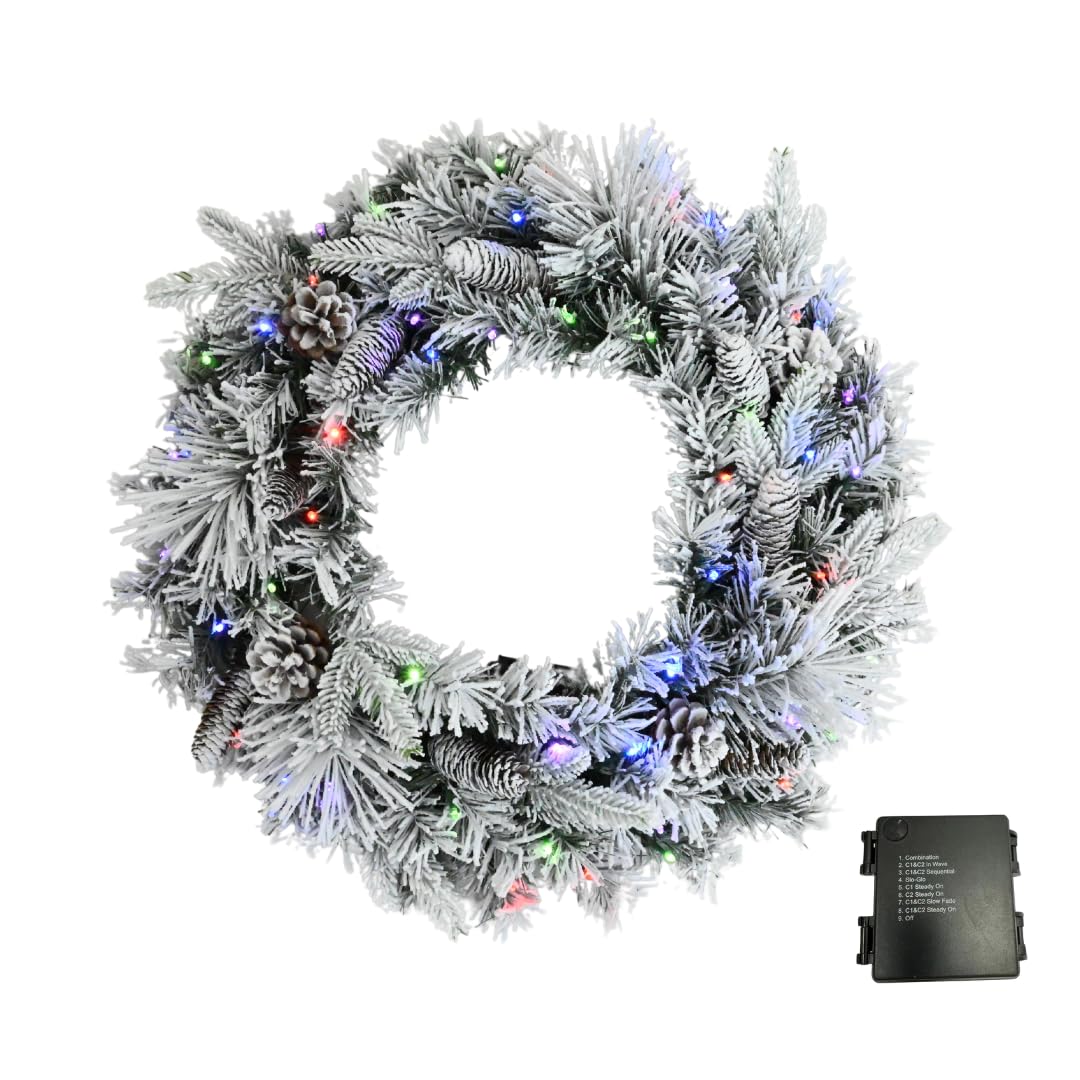 Sunny Bay Atelier - Flocked Snow Christmas Wreath - 26 Inch with 50 LED Multi-Color Changing Lights, Pine Cones, Timer Function & Battery Operated