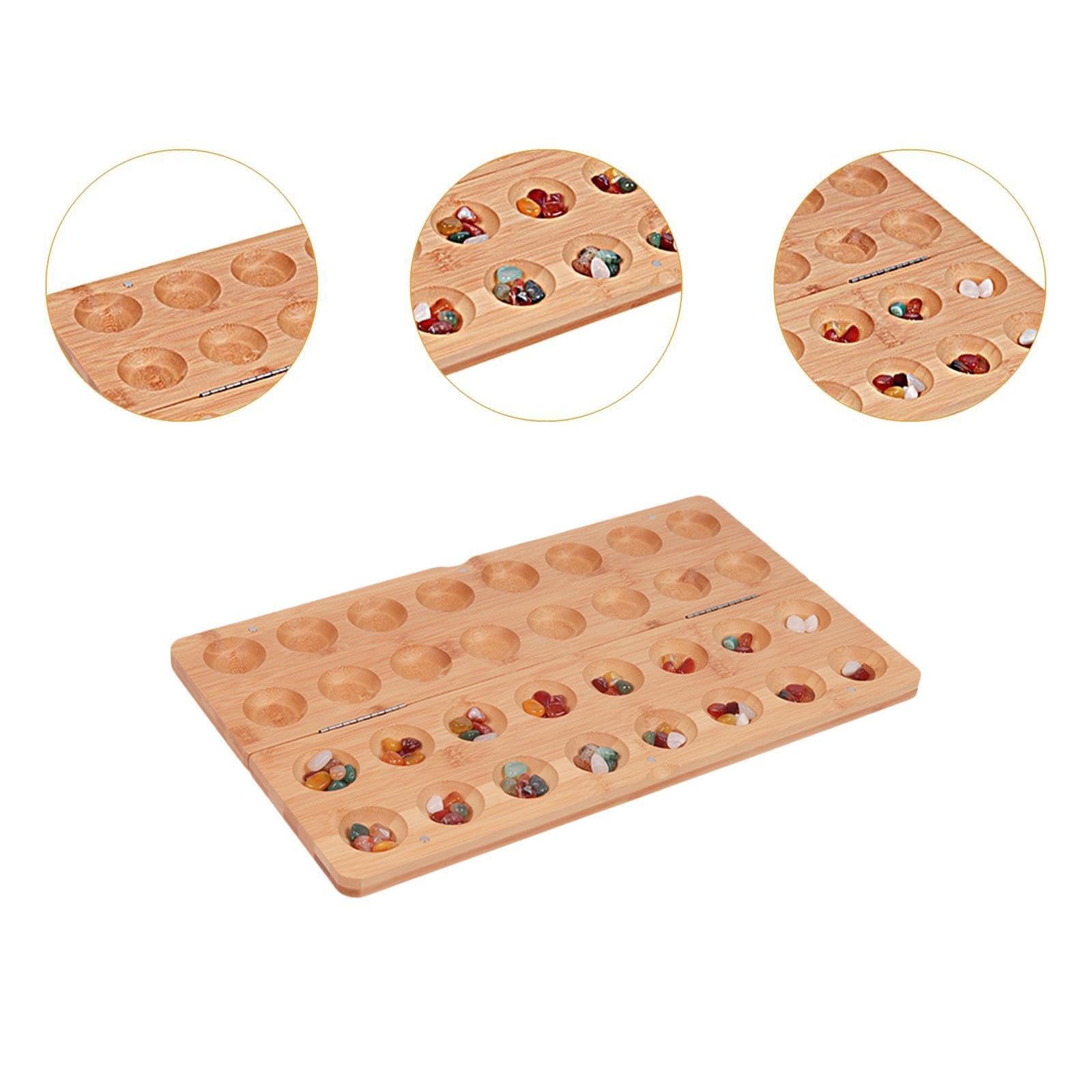 Juego Mancala De Tamaño Viaje con 65 Piedras Vidrio Tablero Estrategia Madera Plegable para Juegos Familiares Juego Mancala Plegable