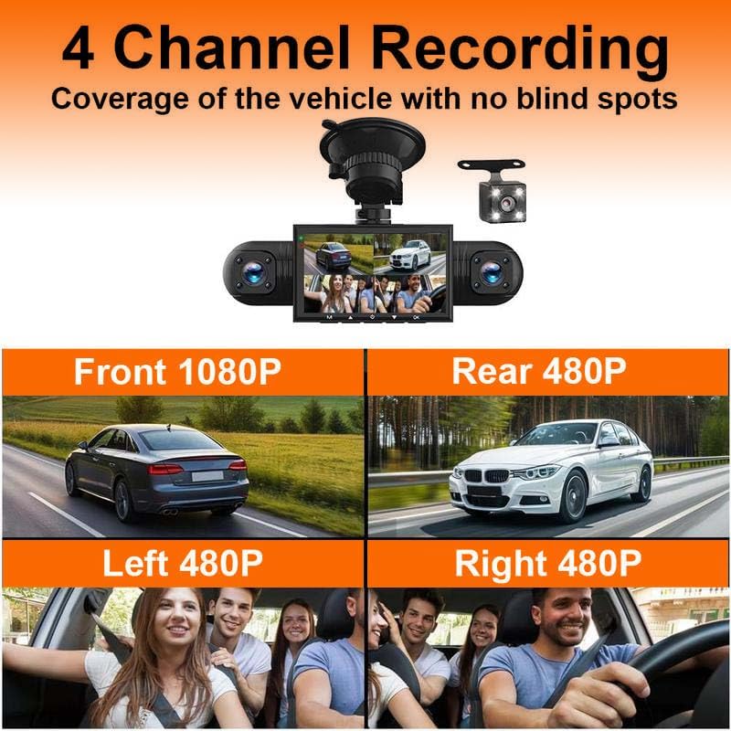 Diagram illustrating 4-channel recording with front 1080P, rear 480P, left 480P, and right 480P views.