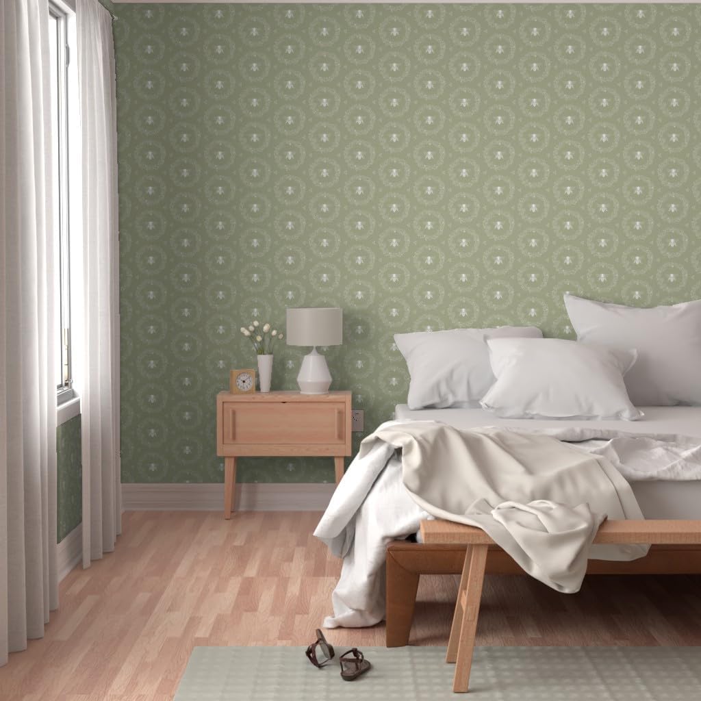 Spoonflower Peel & Stick Wallpaper Swatch - Honeybee Rustic Floral Country Nature Traditional Bee Cottage Farmhouse White On Sage Green Custom Removable Wallpaper