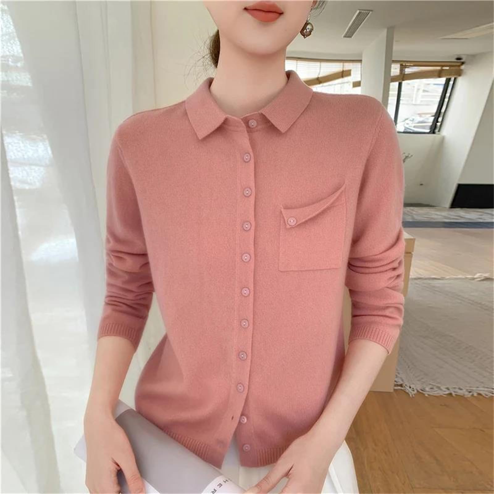 Cárdigan de lana merino para mujer, con cuello vuelto, botones, de punto grueso, para otoño e invierno, chaquetas cálidas con bolsillos