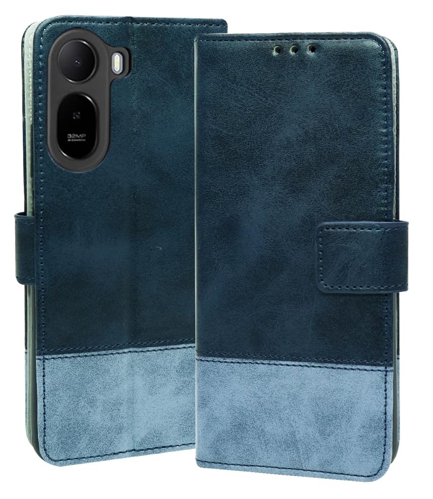 SESS XUSIVE Flip Back Cover Case for Redmi A7 Pro 5G / Poco C85X 5G Dual-Color Leather Finish Inbuilt Stand & Pockets Wallet Style Flip Case for Redmi A7 Pro 5G / Poco C85X 5G - Blue & Sky Blue