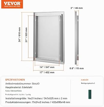 VEVOR Grill Access Door 432 x 610 mm Single Exterior Kitchen Door Flush Mounted Stainless Steel Door Vertical Wall Door with Retractable Handle Grill Island Grill Station Outdoor Cabinet