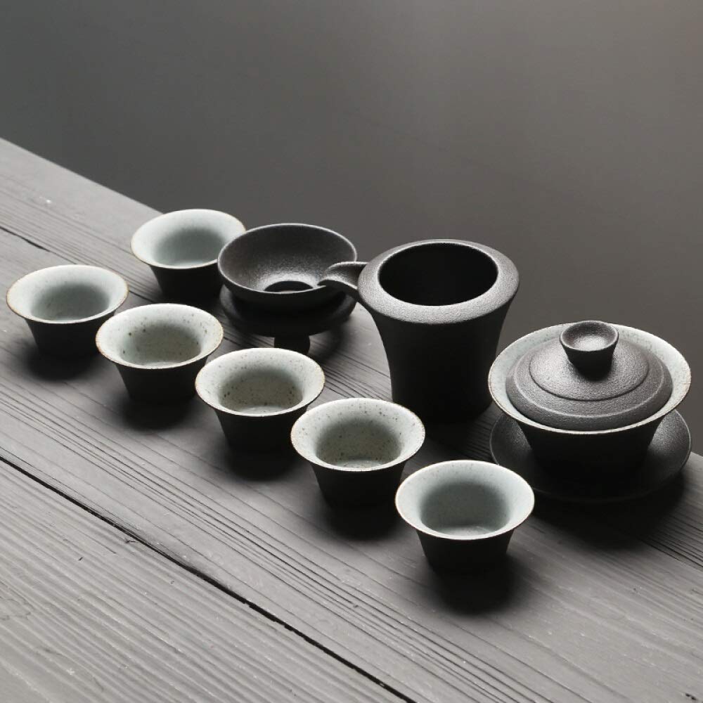 Ensemble complet de service à thé Grès noir carbone Kung Fu tasse à thé avec coffret cadeau (bol à trois pièces), service à thé rétro décoration