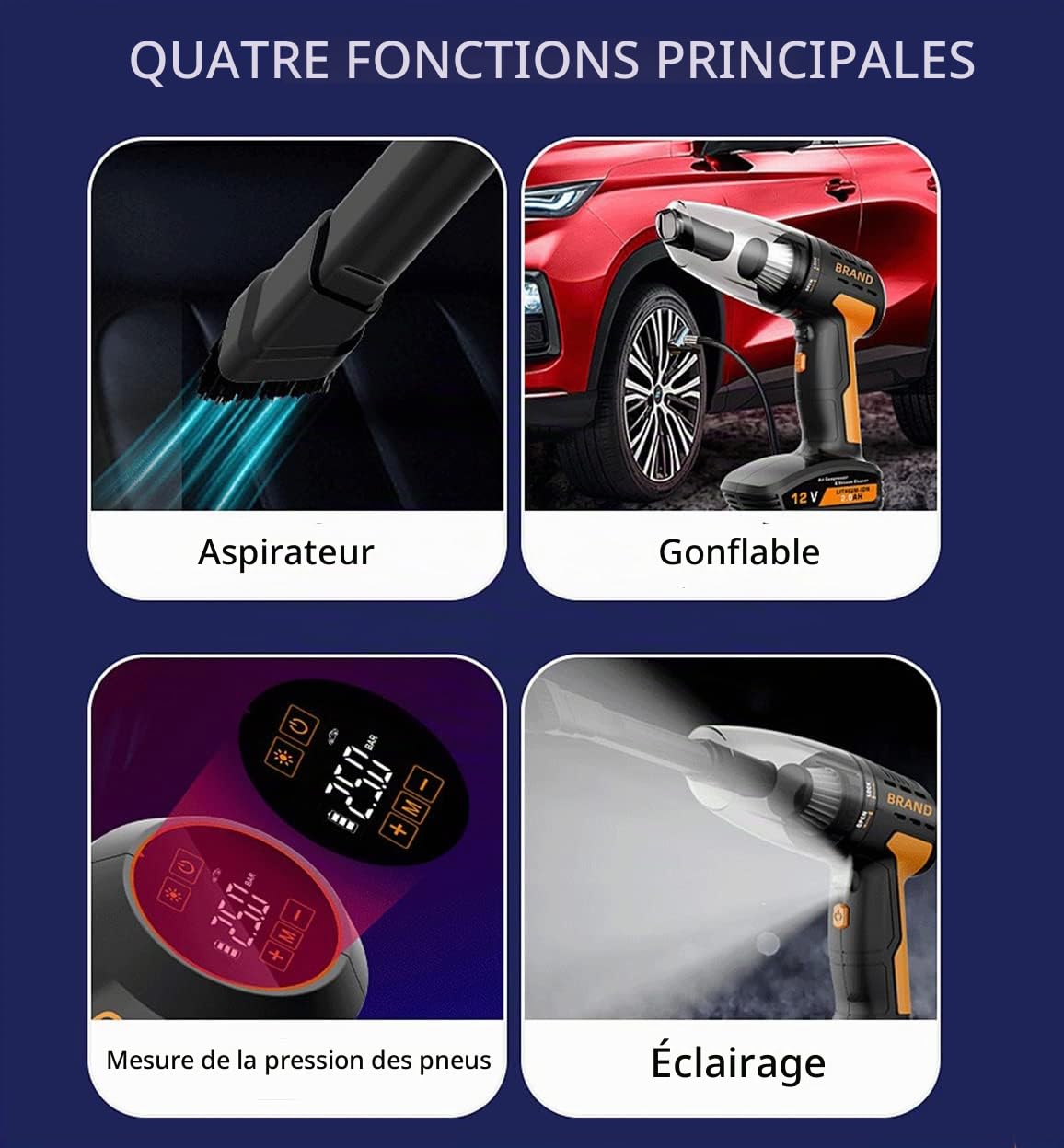 Aoun Aspirateur De Voiture Portable sans Fil Et Gonfleur De Pneus avec Manomètre, Écran LCD Et Lumière LED, Aspirateur à Main à Forte Aspiration 9000pa, Rechargeable électrique Pompe à Air sans Fil