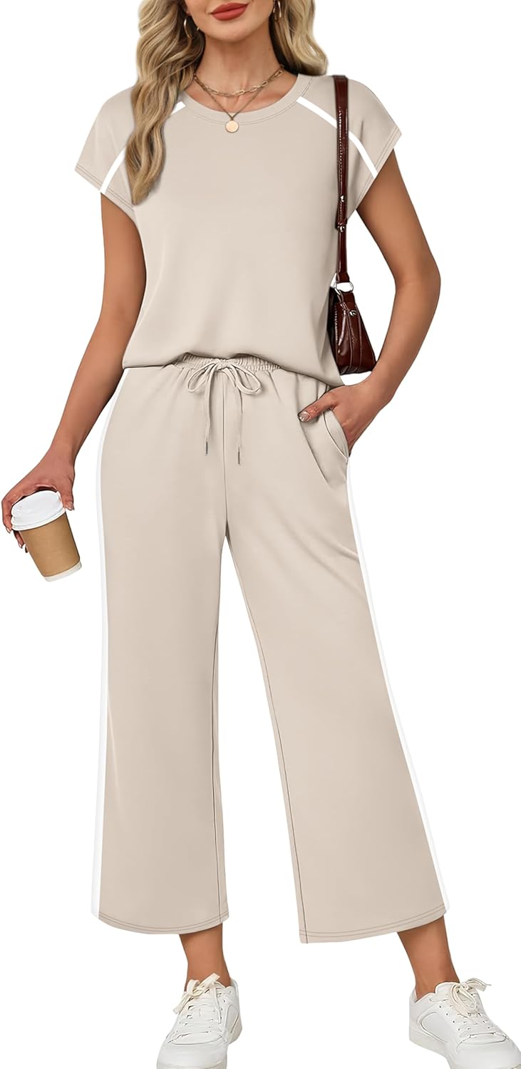 XIEERDUO 2 Piece Sets for Women Crew Neck Travel Airport Outfits Summer Fashion Clothing Cap Sleeve Tops Wide Legs Pants Set