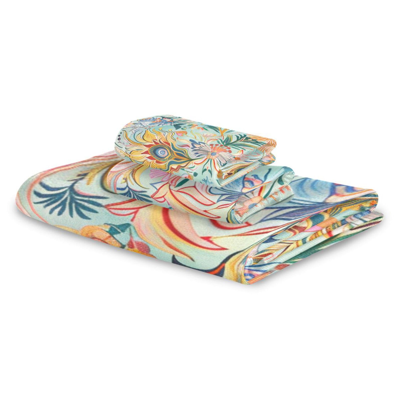 Set di 3 asciugamani da viso in microfibra con motivo floreale in stile bohémien, 1 asciugamano da bagno, 1 asciugamano per le mani, 1 panno per la casa, cucina, hotel, palestra, nuoto, spa