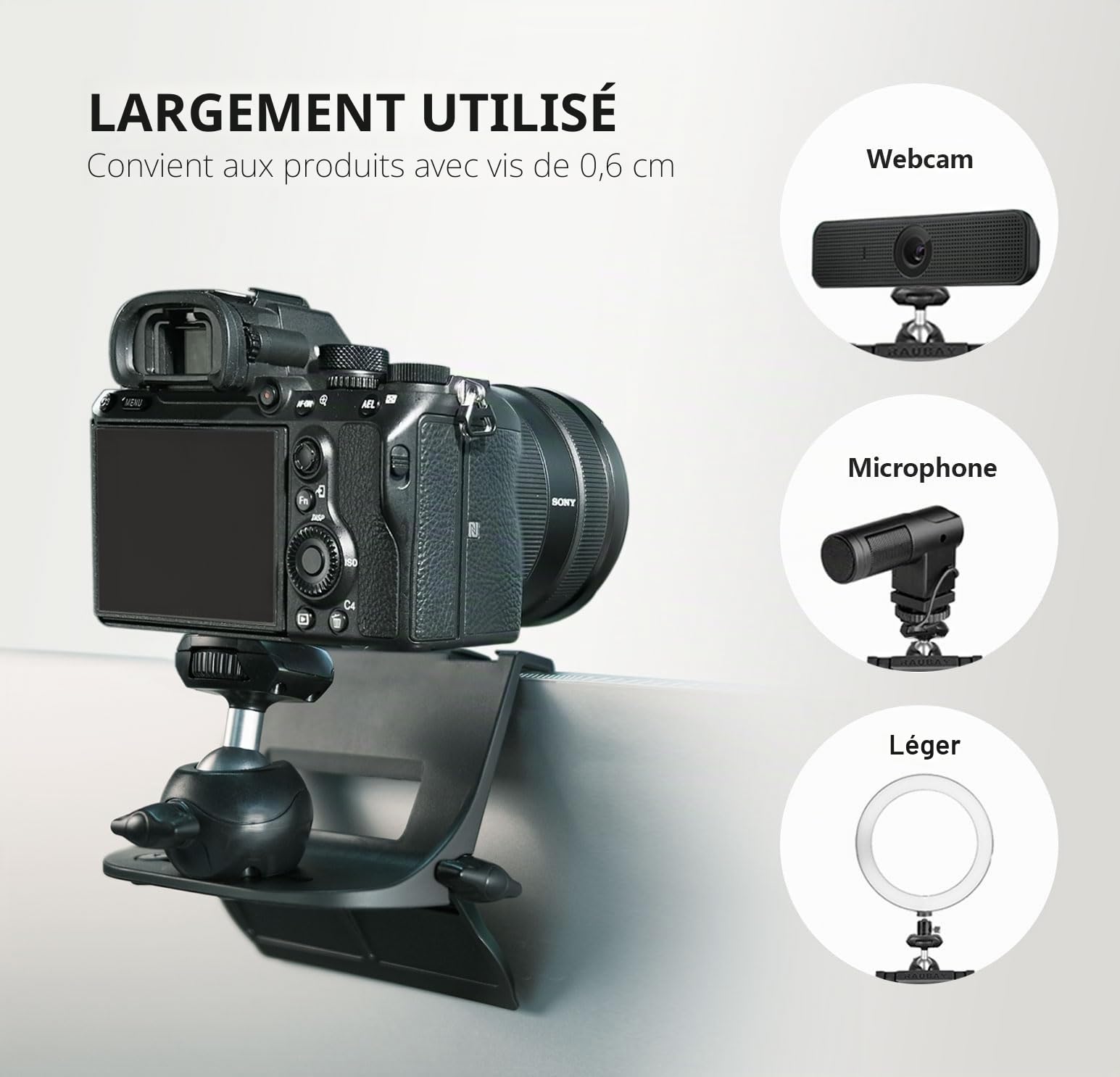 RAUBAY CM-01 Support de Fixation pour caméra avec vis 6,35 mm pour Diffusion en Direct, vidéoconférence, Youtube, TikTok, etc