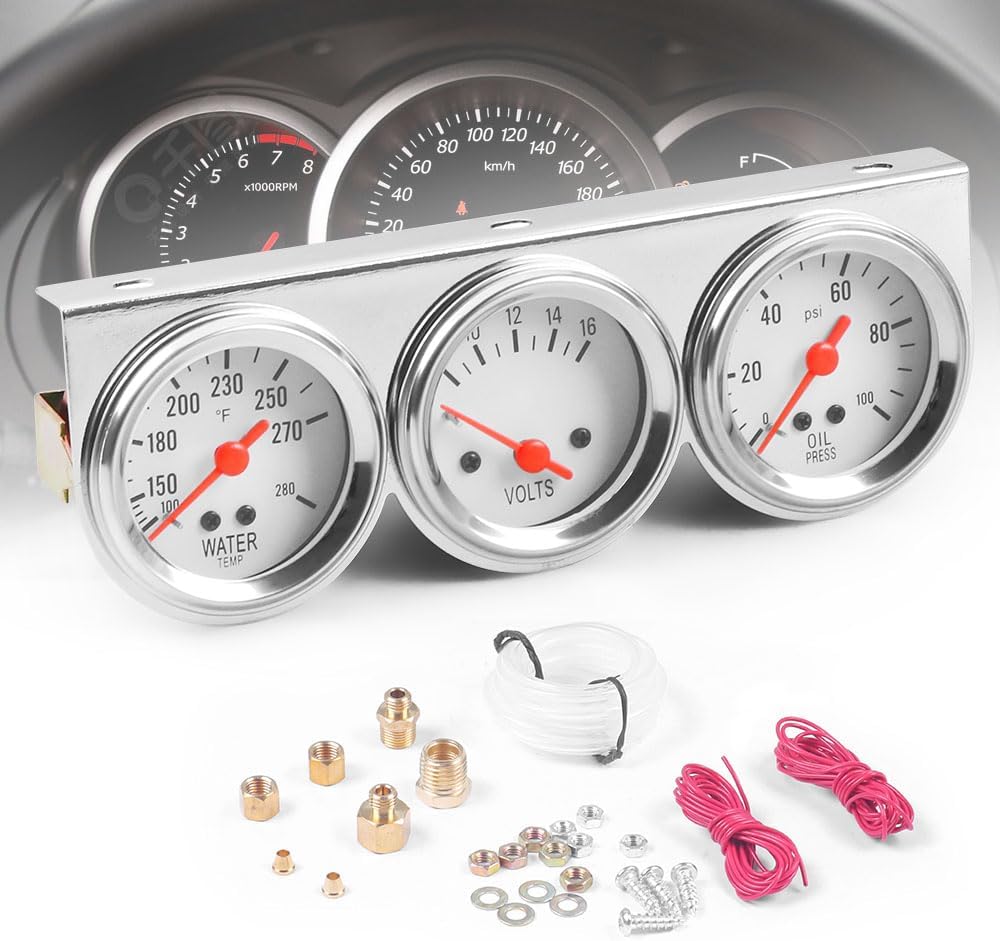 Dyno Racing 2inch 52MM Triple Gauge kit Volt Meter Water Temp Temperature Gauge Oil Press Pressure Gauge Car Meter Triple Gauge Set