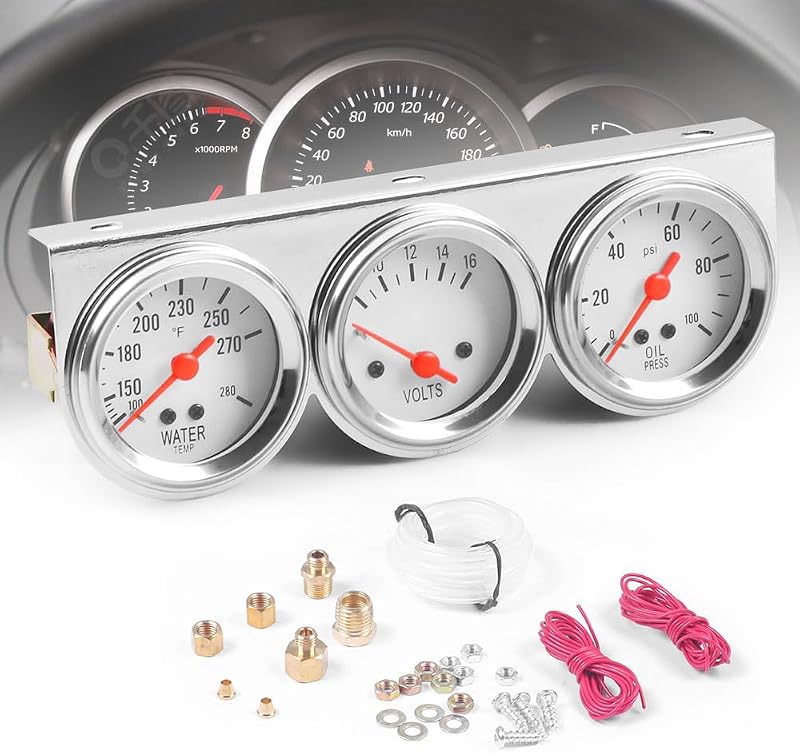 Kit de 3 Manômetros Automotivos Dyno Racing 52 mm com Voltímetro, Temperatura da Água e Pressão do Óleo – 3 unidades