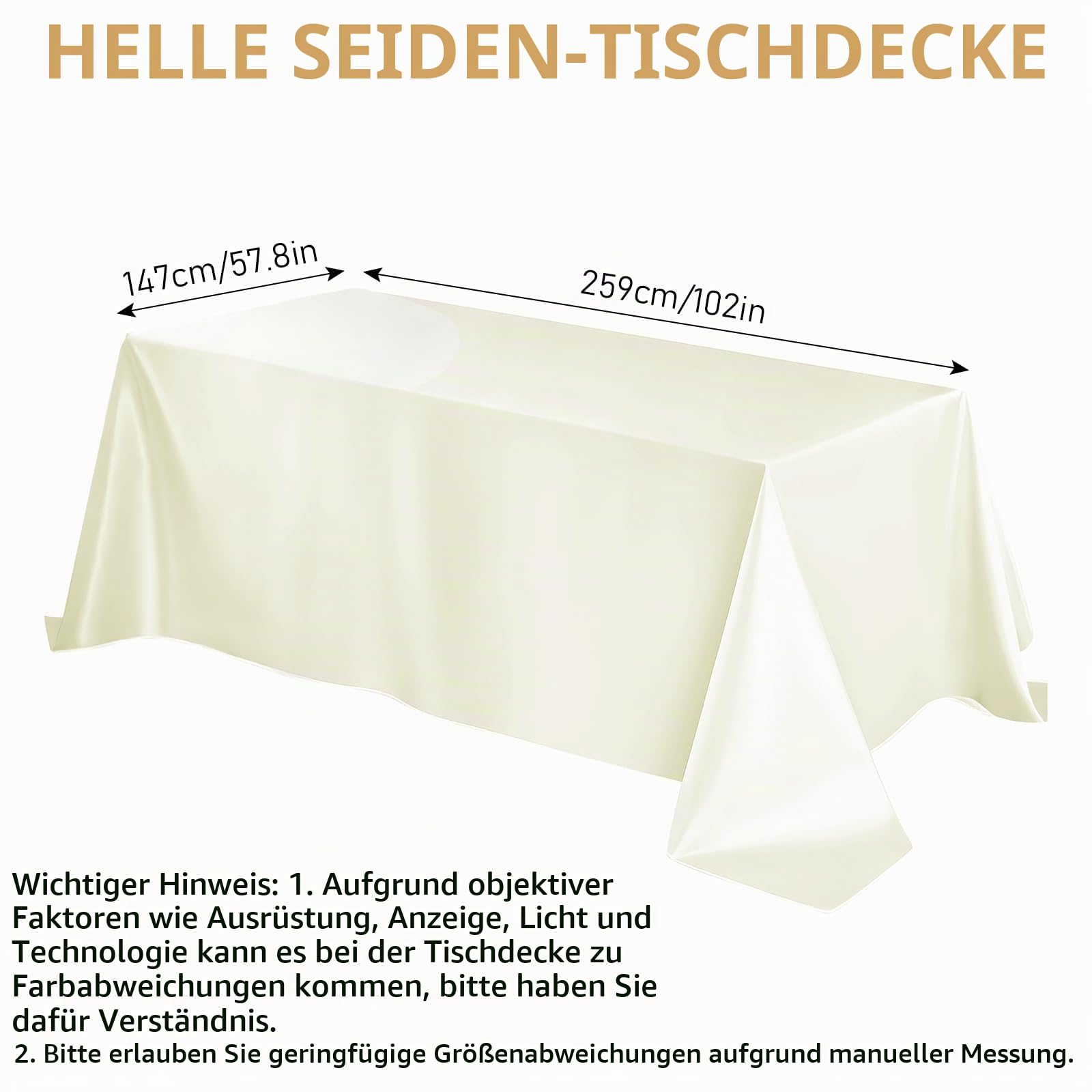 8 Stück Elfenbeinfarbene Satin-Tischdecken 259 × 147 cm – Rechteckige Glänzende Tischdecke für Hochzeit, Abendessen, Geburtstag, Jubiläum, Partys und Events