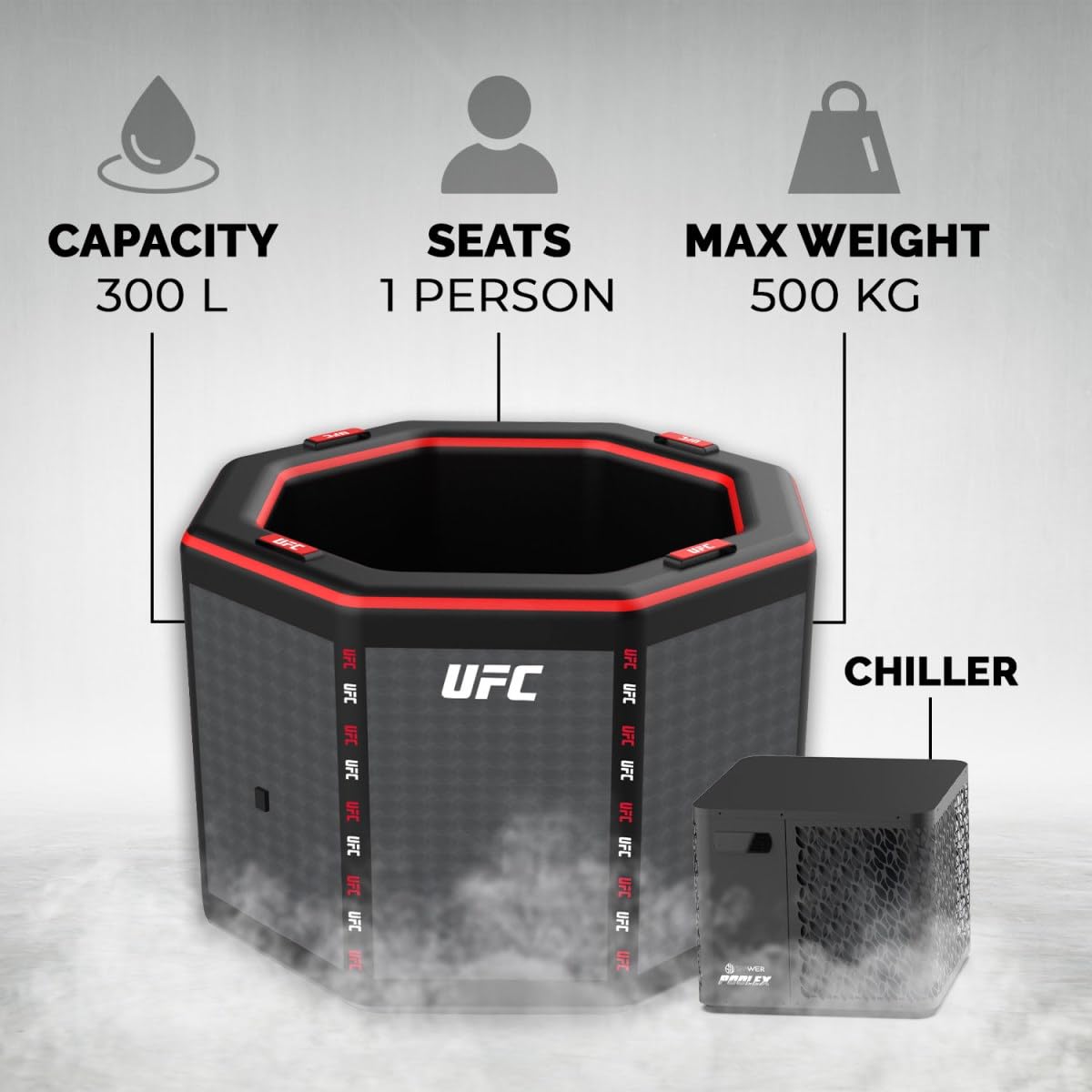 N NETSPA Pack Chiller 3-40°C 3kw Ice Bath Octagon UFC (SP-UFC250-CK3) - Bagno Freddo Dropstitch Terapia Freddo Nuova Generazione - 130 x 90 cm - 1 Persona 357 L