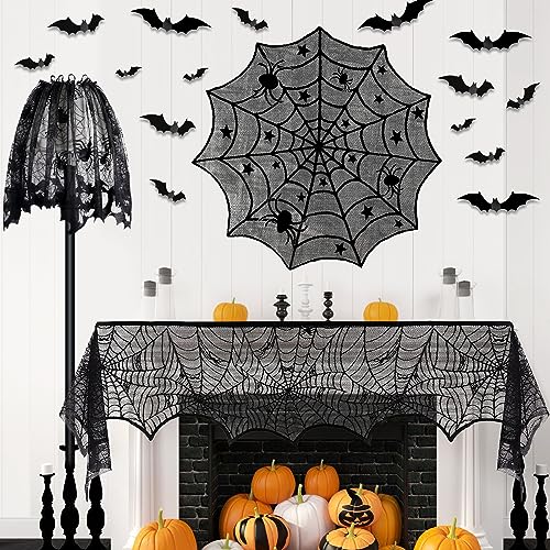 5Pack Halloween Decorations Indoor Halloween Decor Black Lace Table Runner Fireplace Mantel Scarf Round Tablecloth Cobweb Lampshade with 32 Pcs 3D Bat Wall Stickers2