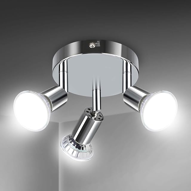 Creyer LED Ceiling Light Rotatable,3 Way Round Plate LED Ceiling Spot Lights, ø110mm (Including 3x4W GU10 LED Light Bulbs, 450LM, Cool White) LED Ceiling Lamp for Kitchen, Living Room - White Chrome