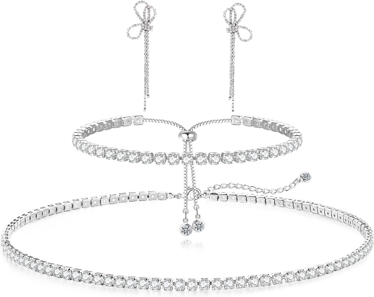 Tennis Necklace Bracelet for Women, Sterling Sliver, Dainty Chocker Necklace, Crystal Bracelet for Women, Wedding Jewelry for Bride, Sparkly Party Prom Hypoallergenic