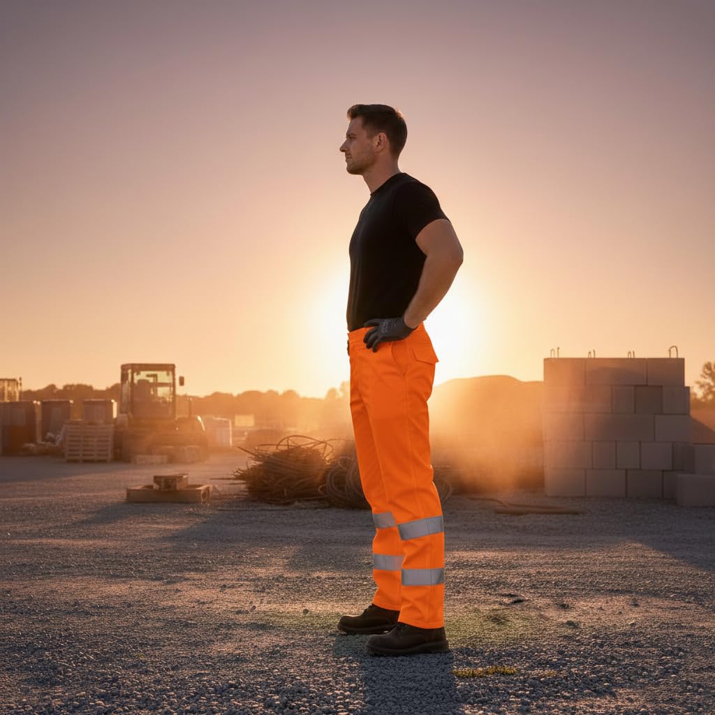 A2Z Hi Vis Wodoodporne spodnie robocze Oxford 300D, taśma odblaskowa, elastyczna talia, do budowy, jazdy na rowerze, pracy szosowej, żółto-pomarańczowe, S-4XL