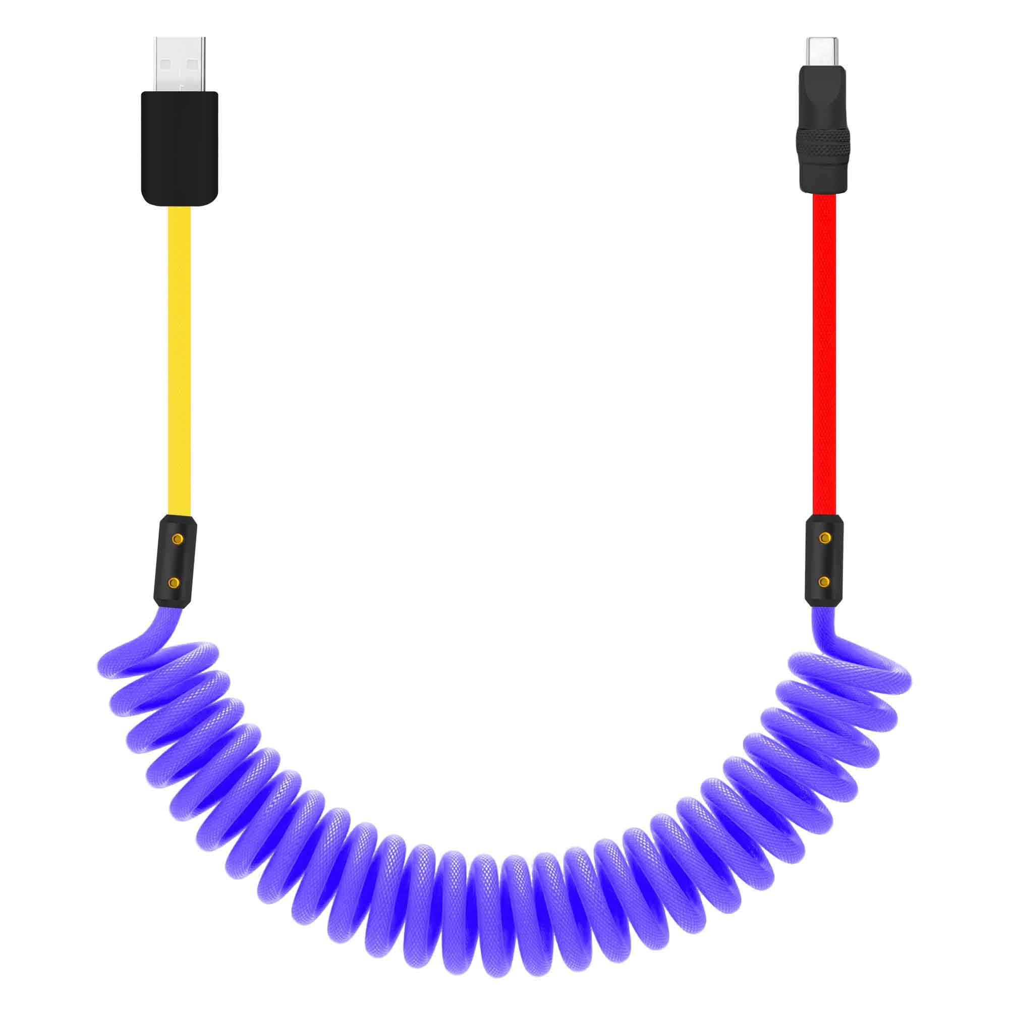 chubbycable Curly Chubby 120W Coiled USB C Cable Retractable Fast Charging Cable for Car Charger Cord Compatible with iPhone 17-15 Series, Blue+Yellow