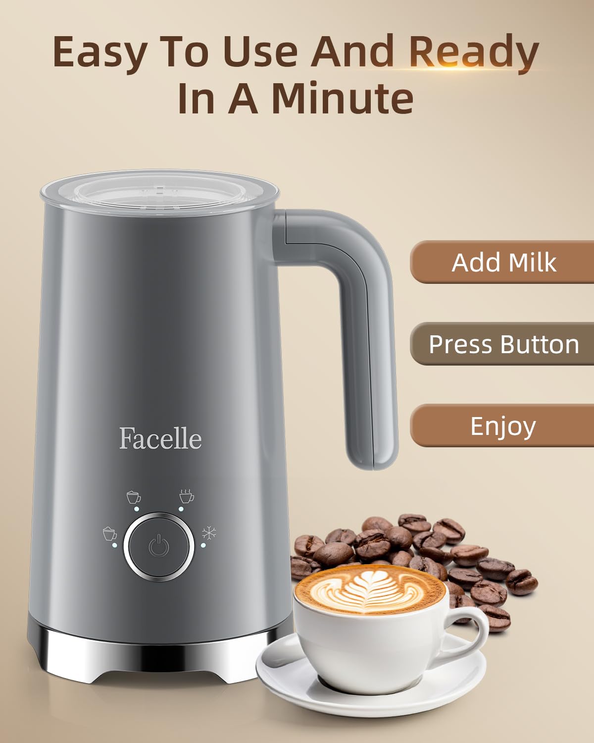 Facelle espumador de leche electrico, máquina automática para hacer espuma caliente y fría para latte, capuchinos y macchiato. Apagado automático y control de temperatura