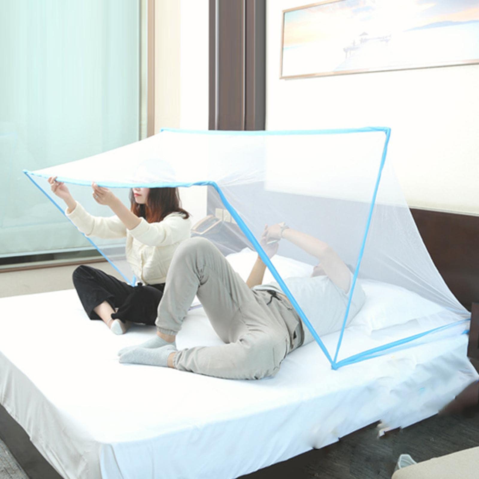 Tente de Lit Adulte Moustiquaire Baldaquin de Lit Pliant Transportable en Polyester Installation Simple Adaptée pour Maison Cadeau Repos, Bleu