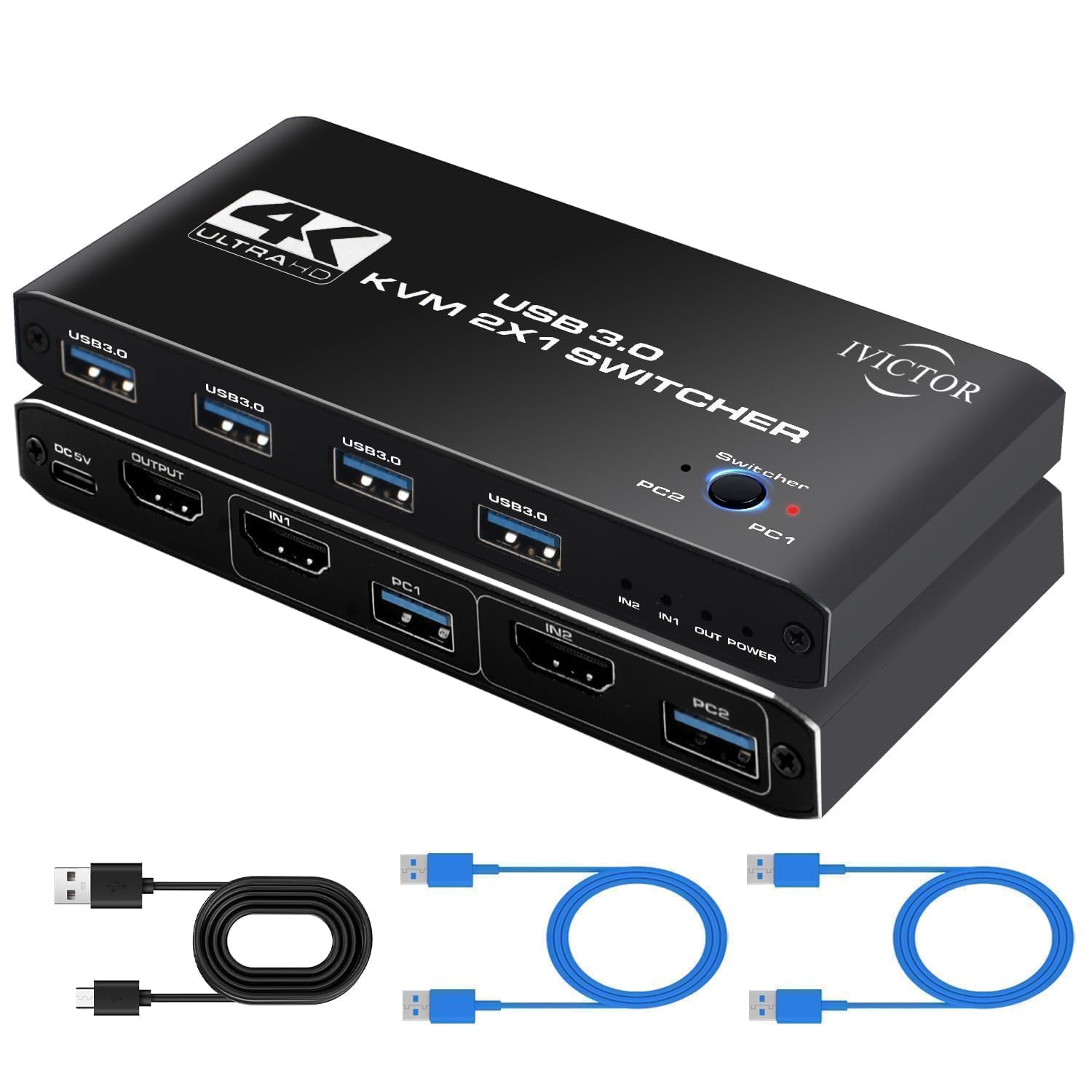 USB HDMI Przełącznik KVM - 2 PC 1 Monitor 4K@60Hz 4 portami USB 3.0 do współdzielenia klawiatury, myszy, drukarki, skanera itp