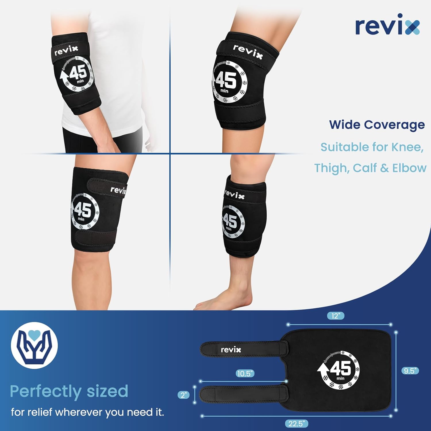 Diagram showing the dimensions of the REVIX Knee Ice Pack Wrap: 12 inches by 9.5 inches, with strap lengths.