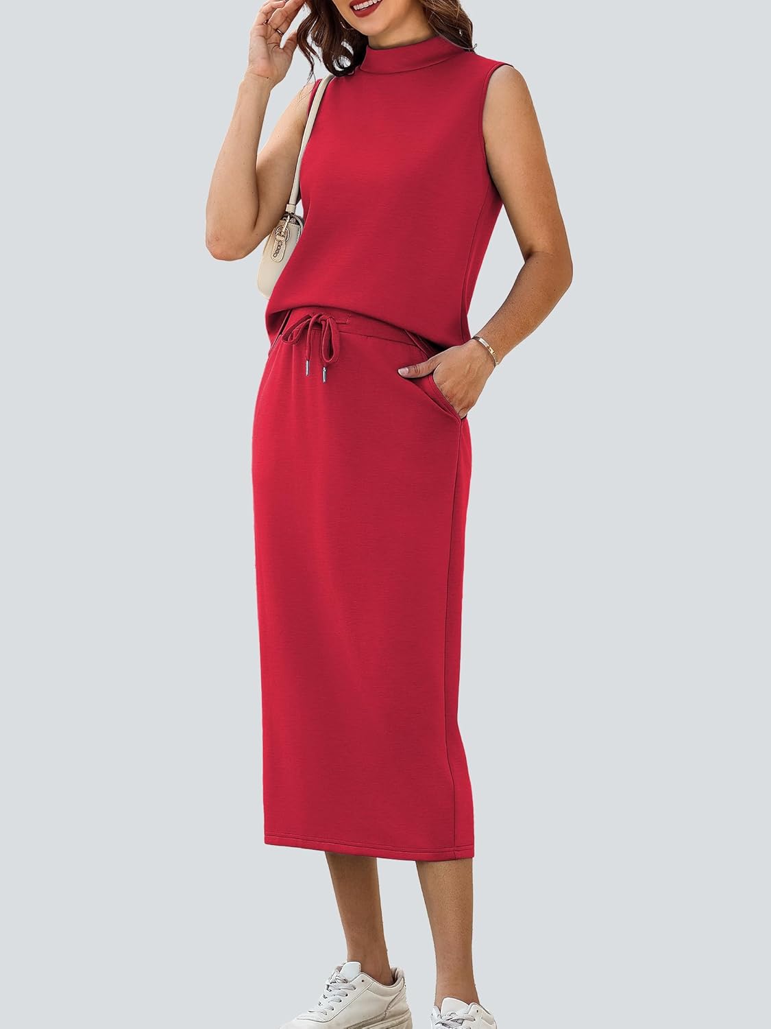 Casly Lamiit Women's 2 Piece Set Summer Casual Sleeveless Mock Neck Top Midi Skirts Lounge Travel Outfit - Image 3