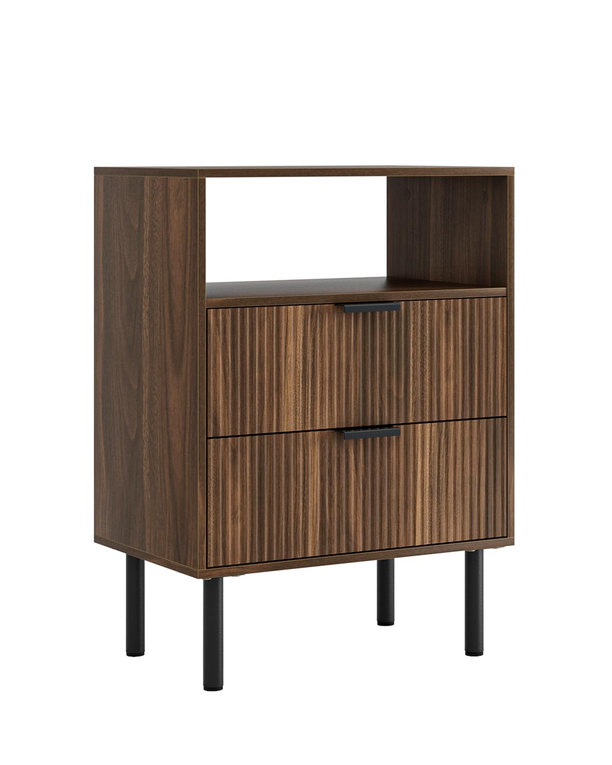 Nachttisch mit 2 Schubladen, Nachtschrank Holz, Walnuss