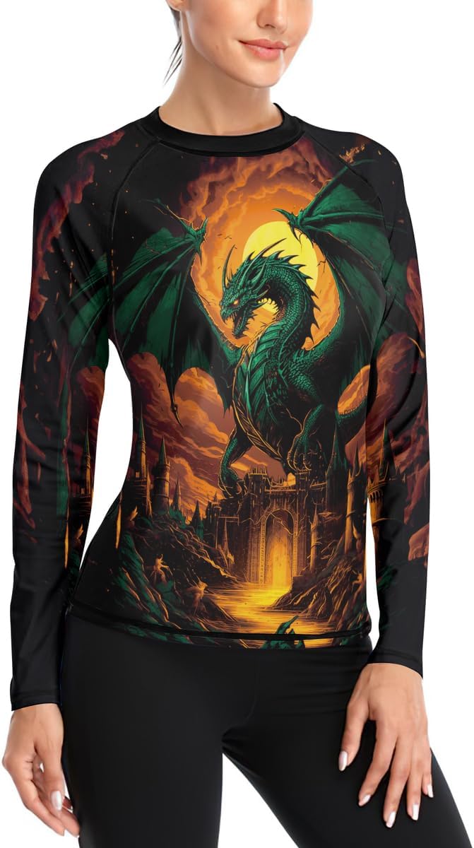 FORMONIES Women's Dragon Compression Shirt Long Sleeve Rash Guard for MMA BJJ Grappling Training Fight Gear