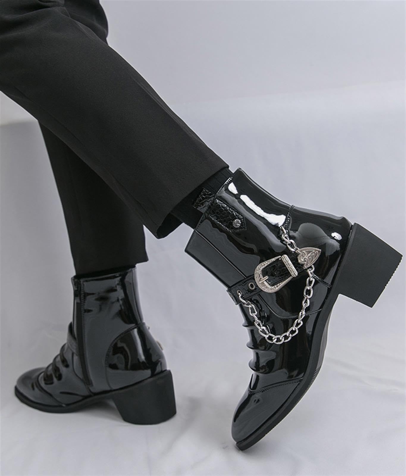 Stivaletti Uomo Vernice con Catena Punta Afilata Scarpe Eleganti Festa | Stivali Moda Uomo Cerniera Laterale Suola in Gomma Comodi Stile Punk Gotico Scarpe da Palco Club Party Cerimonia