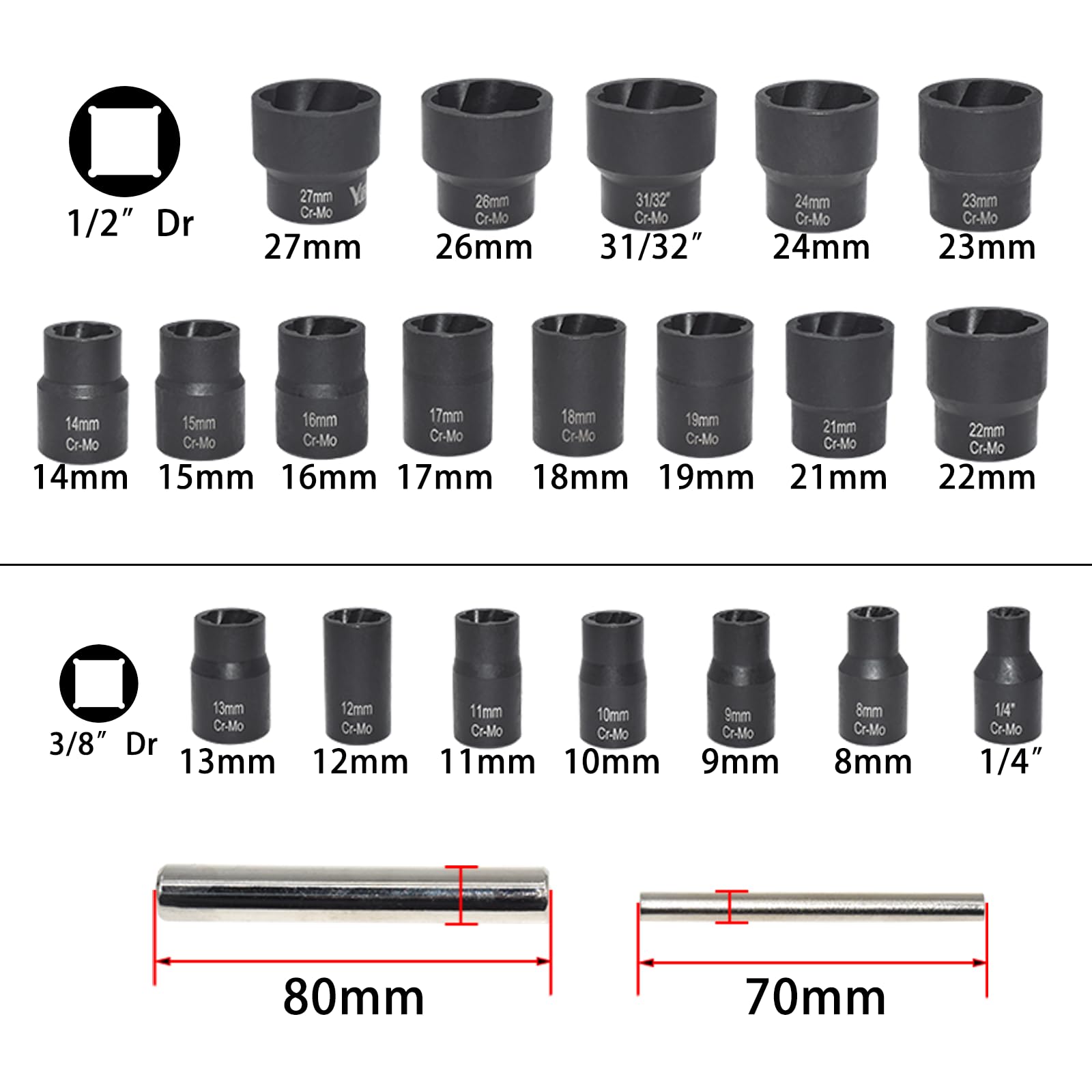 Zestaw 22 wykrętaków do nakrętek, zestaw do demontażu blokady koła napędowego 1/2" i 3/8" do wyciągania uszkodzonych, zerwanych i zapieczonych nakrętek i śrub, zestaw nasadek obrotowych, narzędzie d