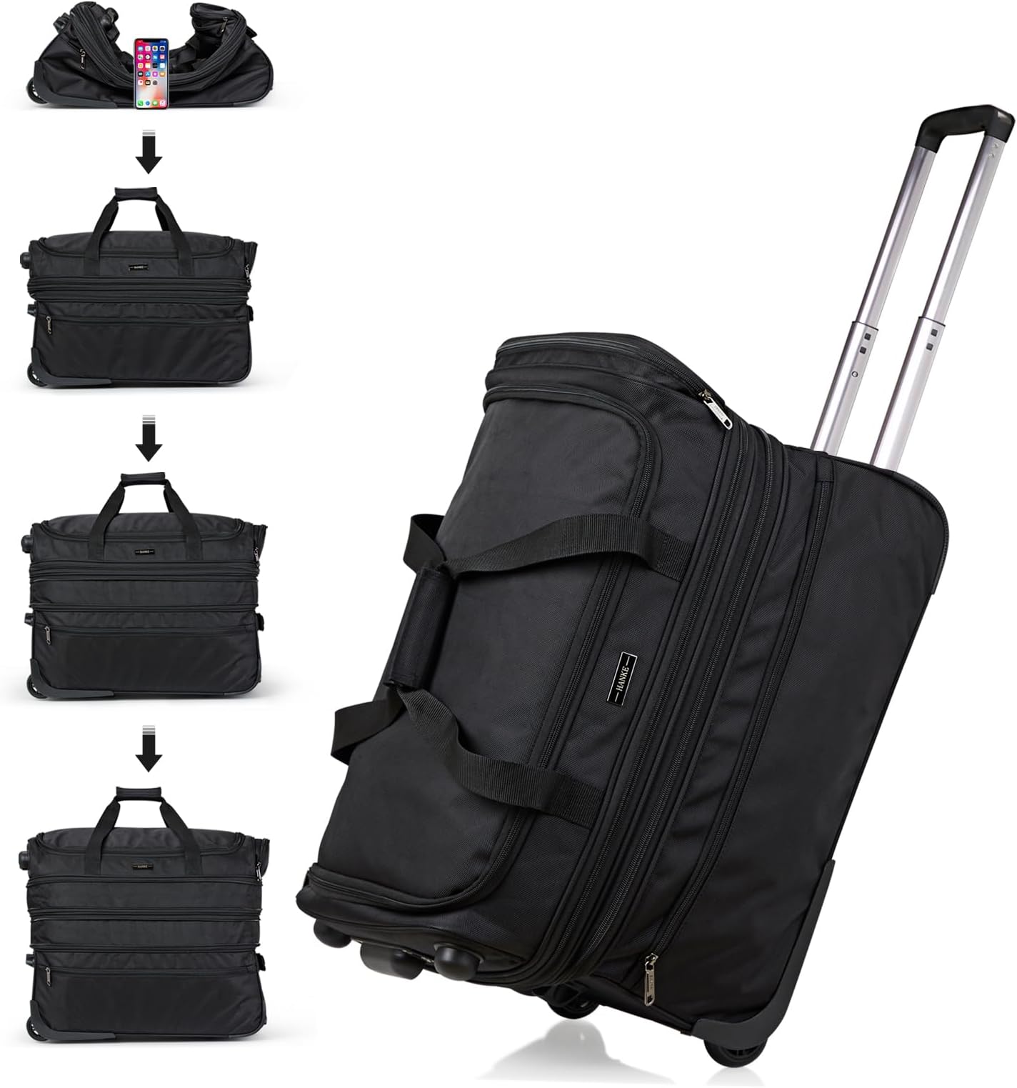 Large Expandable checked Luggage Suitcases with Wheels Foldable Duffle Bag for Travel suitcase for Women Men Garment Bag（Black）