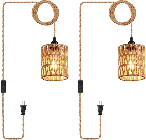 Lámpara colgante enchufable, lámpara colgante industrial con cable de enchufe, cuerda de cáñamo, interruptor de encendidoapagado, lámpara colgante