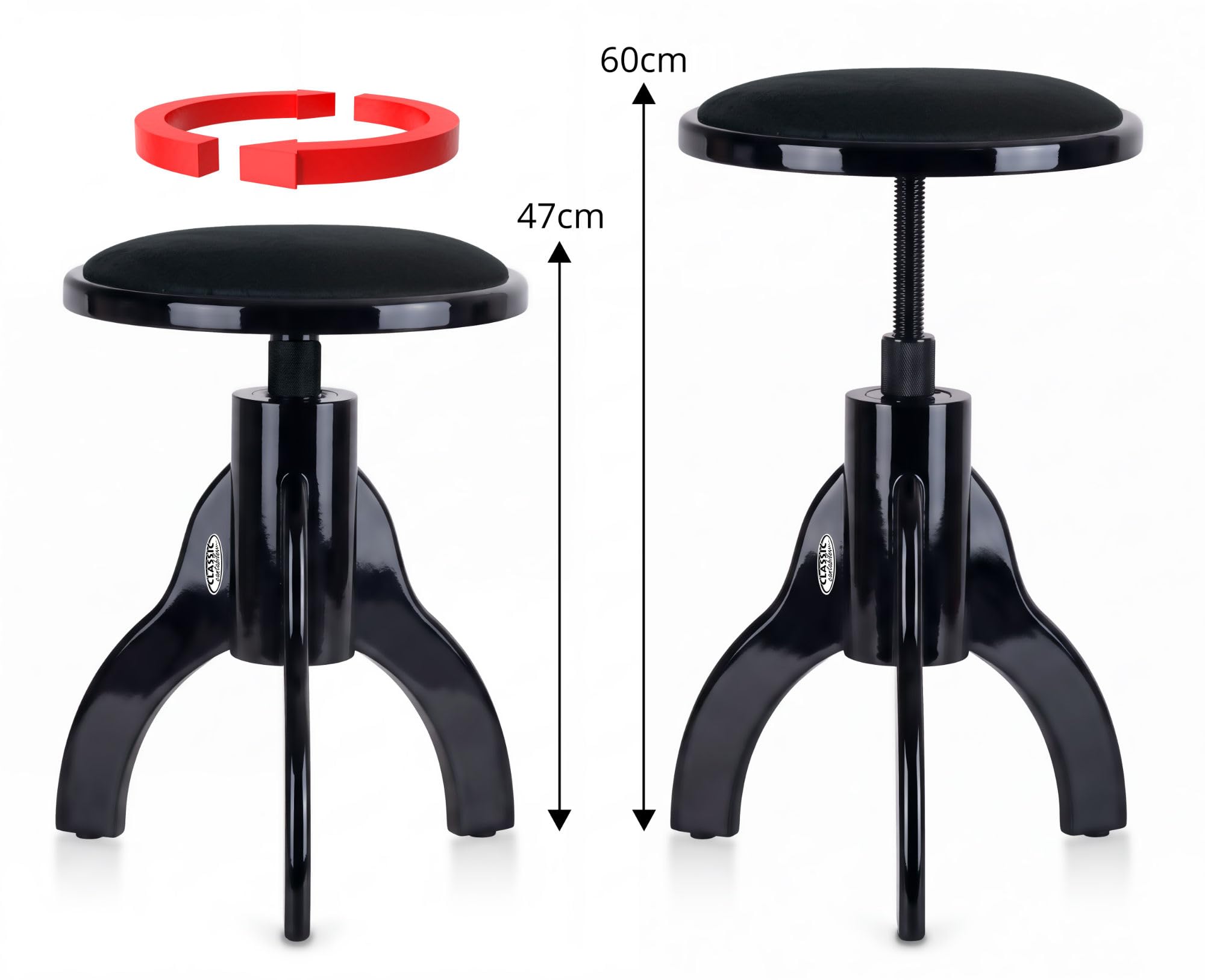 Classic Cantabile Tabouret De Piano Velours, 47-60 cm, Noir Laqué